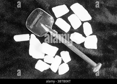 Silver spoon (studio), Whizgle News, Dutch Desk, The Netherlands, 1950 - 2000 on 01-08-1994. These are the elements in the image. The scene features a small metal shovel with a wooden handle, positioned diagonally across a dark, textured surface. The shiny, reflective blade of the shovel contrasts with the matte backdrop, creating a stark visual appeal. Scattered around the shovel are various irregularly shaped white objects, some resembling small rocks or chunks of ice, adding randomness to the composition. The overall color palette is monochromatic, dominated by shades of black and white, co Stock Photo