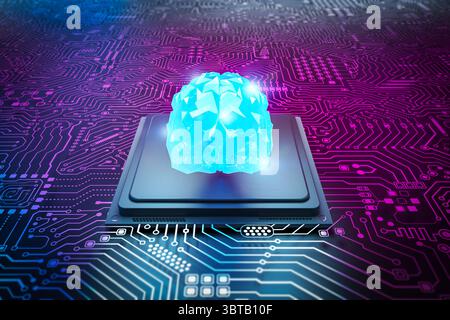 3d rendering artificial intelligence polygonal brain on cpu chipset with complex circuit background Stock Photo