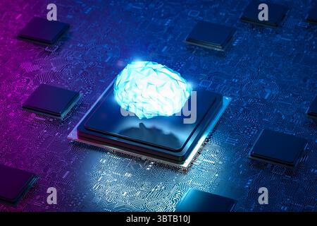 3d rendering artificial intelligence polygonal brain on cpu chipset with complex circuit background Stock Photo