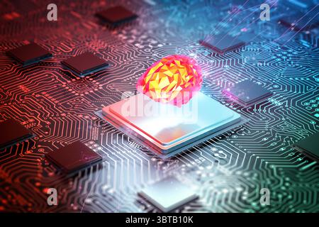 3d rendering artificial intelligence polygonal brain on cpu chipset with complex circuit background Stock Photo