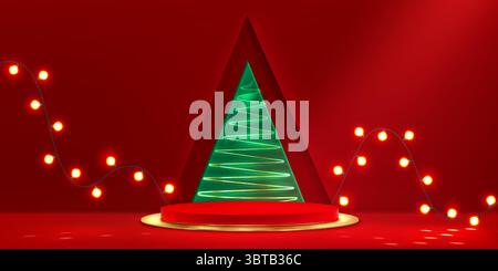 Christmas podium display with xmas tree design - red circular stage platform, green neon triangle tree outline, warm bulb string lights on festive bg for holiday product showcase or seasonal scene. Stock Vector