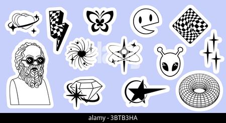 Y2k future stickers set - retro futuristic symbols of butterfly and smiling face, lightning bolt and alien head, diamond and star shapes. Black and white aesthetic patches with checkerboard pattern Stock Vector