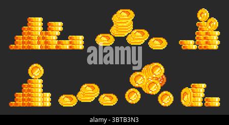 Pixel art gold coin stacks in retro 8 bit style - shiny yellow treasure piles with various heights on dark background for arcade game currency, video game loot or digital reward system graphics. Stock Vector
