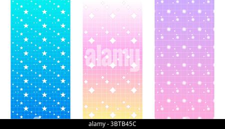 Gradient star patterns in pastel y2k colors - purple sparkles, pink to yellow diamond dots and turquoise sparkle designs. Retro aesthetic wallpapers for nostalgic bg and kawaii dreamy elements. Stock Vector