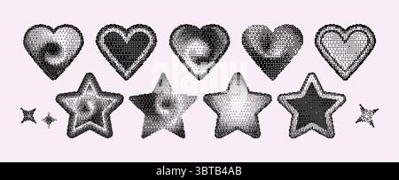 Pixel art hearts and stars with halftone gradient effects made of black dots. Retro game graphics collection with various textures of scattered points for vintage y2k digital design elements. Stock Vector