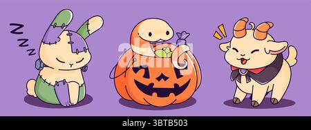Kawaii Halloween character - sleepy Frankenstein bunny with stitches, smiling snake inside jack o lantern full of candy, happy goat wearing dark cape. Cute spooky animals for children party design. Stock Vector