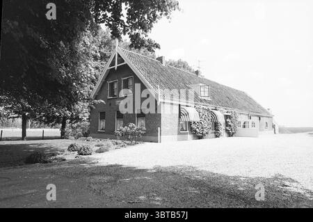 Farm Hoofdweg 836 Farms Hoofdweg, Whizgle News, Dutch Desk, The Netherlands, 1950 - 2000 on 18-06-1986. These are the elements in the image. The scene presents a spacious, charming house characterized by its red brick exterior and a steep, gabled roof adorned with dark tiles. The building showcases white-framed windows, some of which feature elegant awnings—striped in a soft yet contrasting tone. A lush display of climbing plants, likely ivy or similar foliage, clings to the facade, adding a touch of greenery. Surrounding the house, a well-maintained gravel driveway leads to the entrance, bord Stock Photo