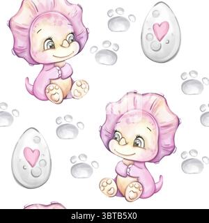 Watercolor seamless pattern featuring cute baby dinosaur characters and heart shaped egg designs for a playful background or wallpaper Stock Vector