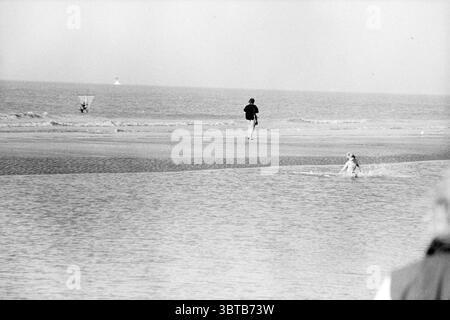 Shrimp fishermen Zandvoort Fisheries and others fishmongers fishing Zandvoort, Whizgle News, Dutch Desk, The Netherlands, 1950 - 2000 on 02-11-1984. These are the elements in the image. The scene captures a tranquil beach setting, rendered in monochrome. The shoreline stretches outward, meeting a gently undulating sea, which appears calm and reflective under a soft sky. The water showcases subtle variations in texture, with gentle ripples that suggest movement. In the foreground, a wide, exposed area of wet sand glistens slightly, indicating recent exposure to tidal waters. Patches of dry sand Stock Photo