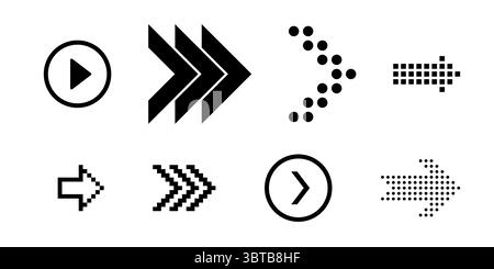 Pixel and line style arrow icons for vector swipe left right up down with next slide and scroll navigation symbols for user interface button and Stock Vector
