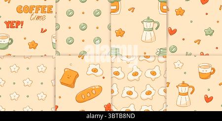 A set of kawaii seamless patterns for a coffee-themed drawn in pastel colors. Includes geyser coffeemaker, jam, stars, bread, cup, check points. Stock Vector