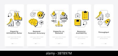 Capacity management metrics mobile app onboarding screens Stock Vector