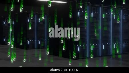 Illuminating central server racks streaming binary code in data center, with LED strips Stock Photo