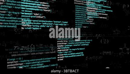 Displaying central code fragments across coding interface, with panels, formulas and structures Stock Photo