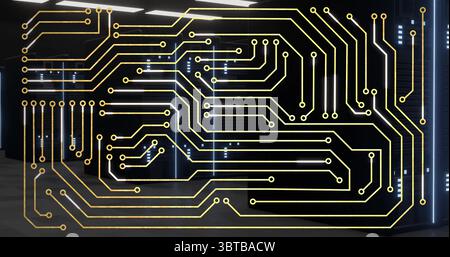 Glowing gold circuit overlay across data center, server racks network switches LED status lights Stock Photo