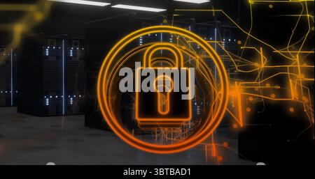 Showing orange padlock icon with overlay hovering in data center corridor, with black server racks Stock Photo