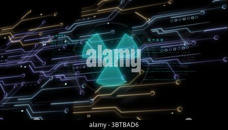 Displaying turquoise nuclear hazard symbol pulsing within futuristic interface, neon circuit traces Stock Photo