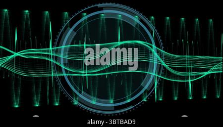 Displaying neon green waveform visualization on dark display, with teal HUD overlay and grid lines Stock Photo