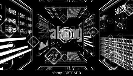 Displaying central circular data readout panel in digital tunnel, with white screens and 5G icons Stock Photo