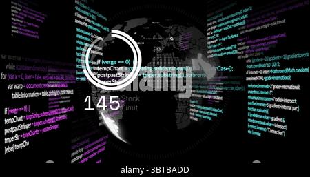 World map globe displaying teal-purple code streams in digital interface with progress ring 145 Stock Photo