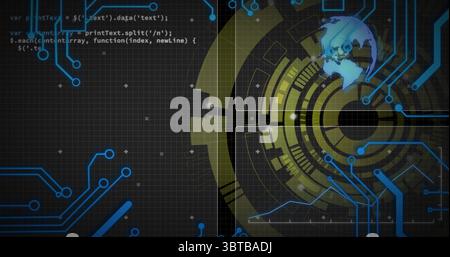 Showing olive-green UI pulsing in grid backdrop, with neon blue traces, snippet, globe, copy space Stock Photo