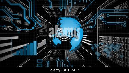 Floating blue Earth globe rotating inside data tunnel, with bar chart and circuit overlays Stock Photo