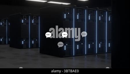 Glowing server racks illuminating data center room with blue LED indicators and speech bubbles Stock Photo
