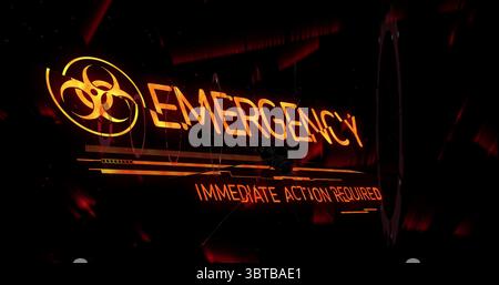 Displaying alert display featuring orange EMERGENCY text and biohazard symbol in glitchy interface Stock Photo