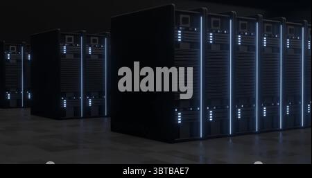 Illuminating black server rack standing left of center in server hall, with LED indicator panels Stock Photo