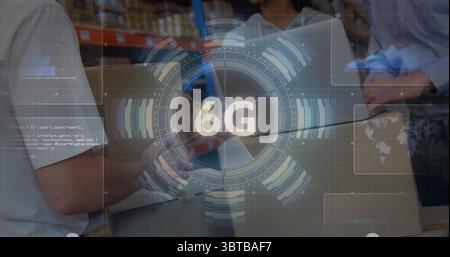 Warehouse workers in polo shirts scanning packages, with 6G interface overlaying boxes Stock Photo