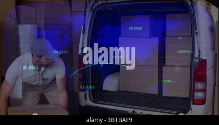Male worker bending and lifting box in warehouse, with white cargo van, digital overlay, copy space Stock Photo