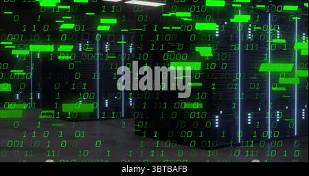 Black server racks standing in data center, showing glowing LED indicators and binary overlay Stock Photo