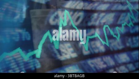 Displaying neon turquoise zigzag line chart on trading monitor, with blurred financial interface Stock Photo