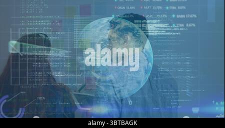 Two professionals studying holographic globe in data lab, with code panels and digital overlays Stock Photo