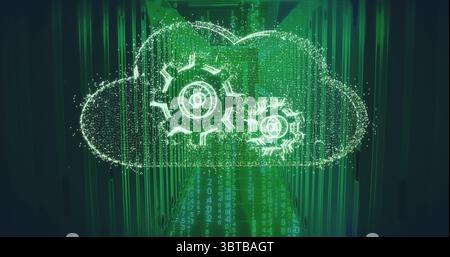 Floating holographic cloud icon displaying two gear icons inside server racks with binary streams Stock Photo