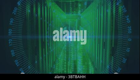 Streaming green numeric code through server corridor, with server racks, blue HUD overlay and flare Stock Photo