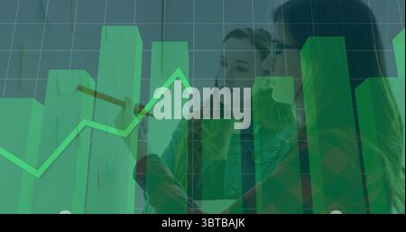 Gesturing analysts pointing at translucent bar chart and rising line display in office, with pencil Stock Photo