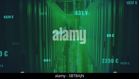 Glowing server racks lining data center aisle with LED lights, streaming code and money symbols Stock Photo
