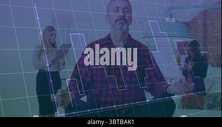 Meditating man sitting cross-legged on chair at modern office, with digital graph overlay Stock Photo