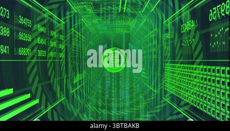 Streaming data tunnel extending through green corridor, with holographic displays and digit streams Stock Photo