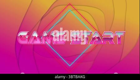Displaying GAME START text glowing in arcade with neon pink-cyan diamond outlines, gradient shapes Stock Photo