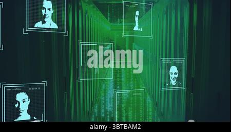 Streaming server rack corridor at data center, with cascading binary code, user profile windows Stock Photo