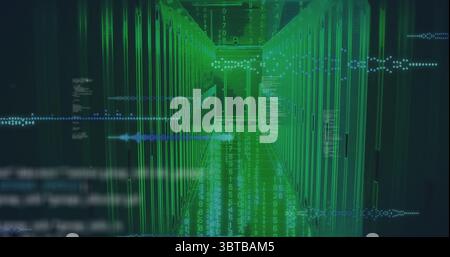 Server racks streaming binary code in data center, with holographic blocks and waveform visuals Stock Photo