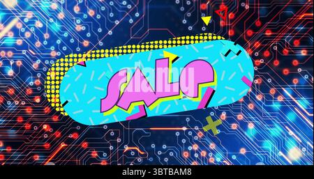 Displaying aqua-blue capsule SALE banner glowing on neon circuit board with red and yellow shapes Stock Photo