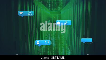 Glowing server cabinets showing green code overlay in data center corridor, with notification icons Stock Photo