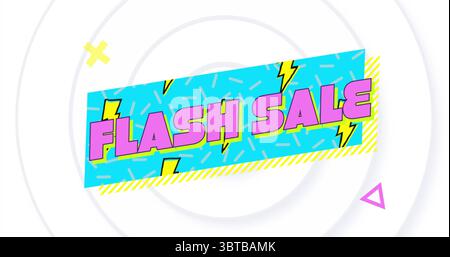 Displaying blue FLASH SALE banner in layout, with lightning icons, dash patterns and striped border Stock Photo
