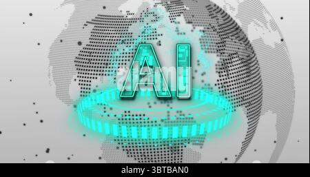 Glowing AI letters floating in digital space, with holographic ring, dotted globe, particles Stock Photo