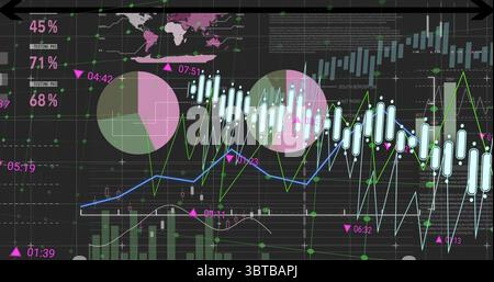 Displaying financial dashboard showing data on black grid, with line, bar and candlestick charts Stock Photo