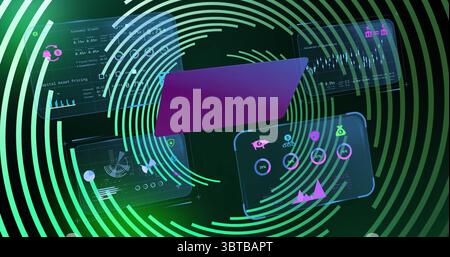 Floating purple laptop displaying holographic panels in cyberspace, with financial icons and charts Stock Photo