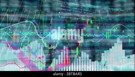 Displaying composite financial data on trading interface, with candlestick charts, line graphs Stock Photo